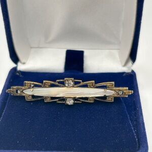 Art Nouveau Bar Pin Brooch Mother of Pearl and Crystal Rhinestones Rare Antique
